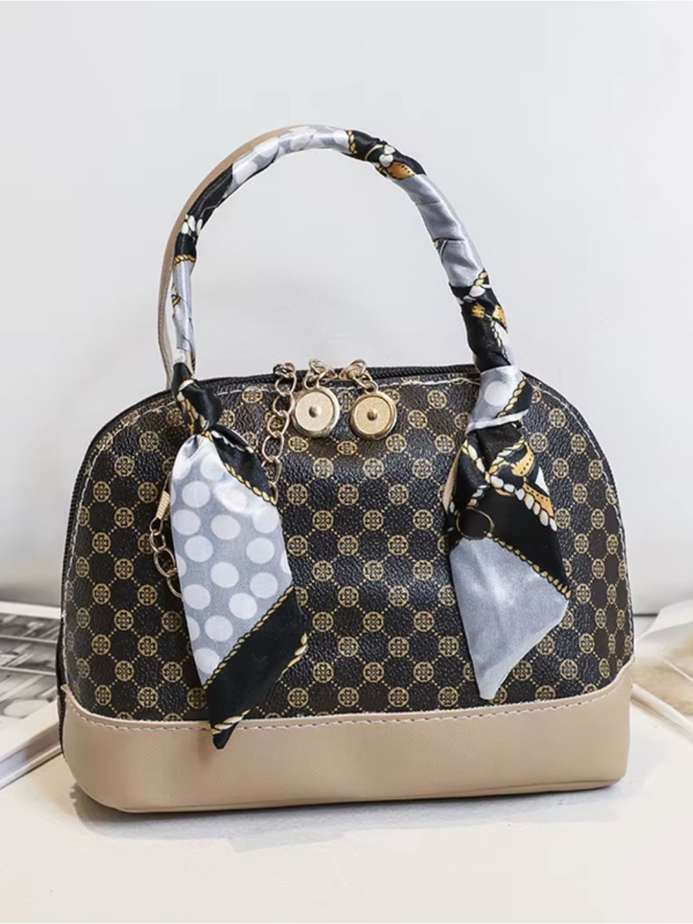 Classic Dome Satchel Handbag in Black and Tan